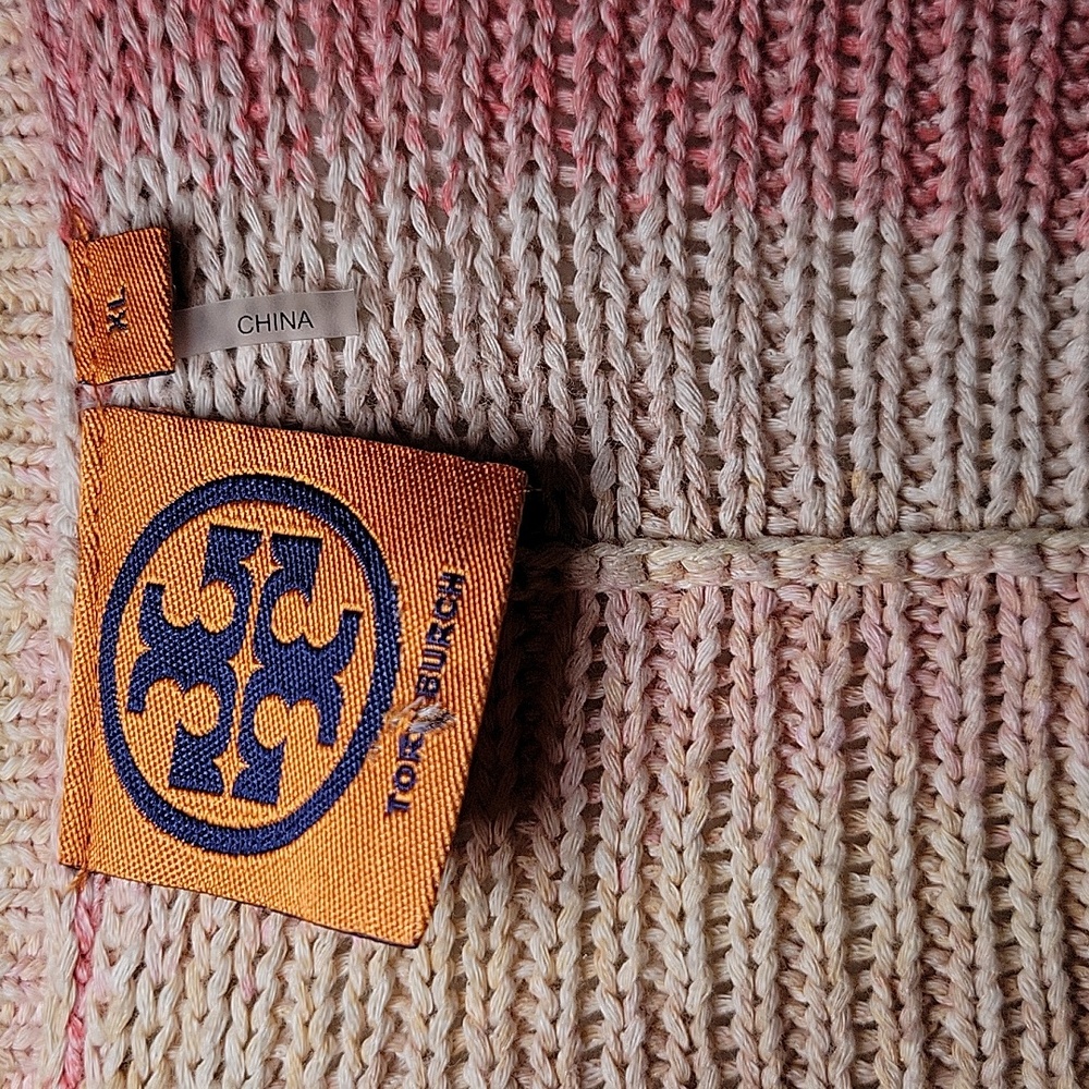 Tory Burch Erin Pink and Cream Striped Cardigan V-neck Woman's XL - Picture 2 of 9